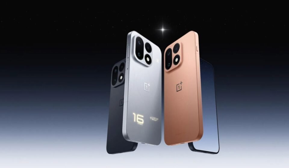 OnePlus 16 in Tomorrow's Starlight, Dark Forest and Mars Masterpiece colors showing its square camera module and rear lighting effect